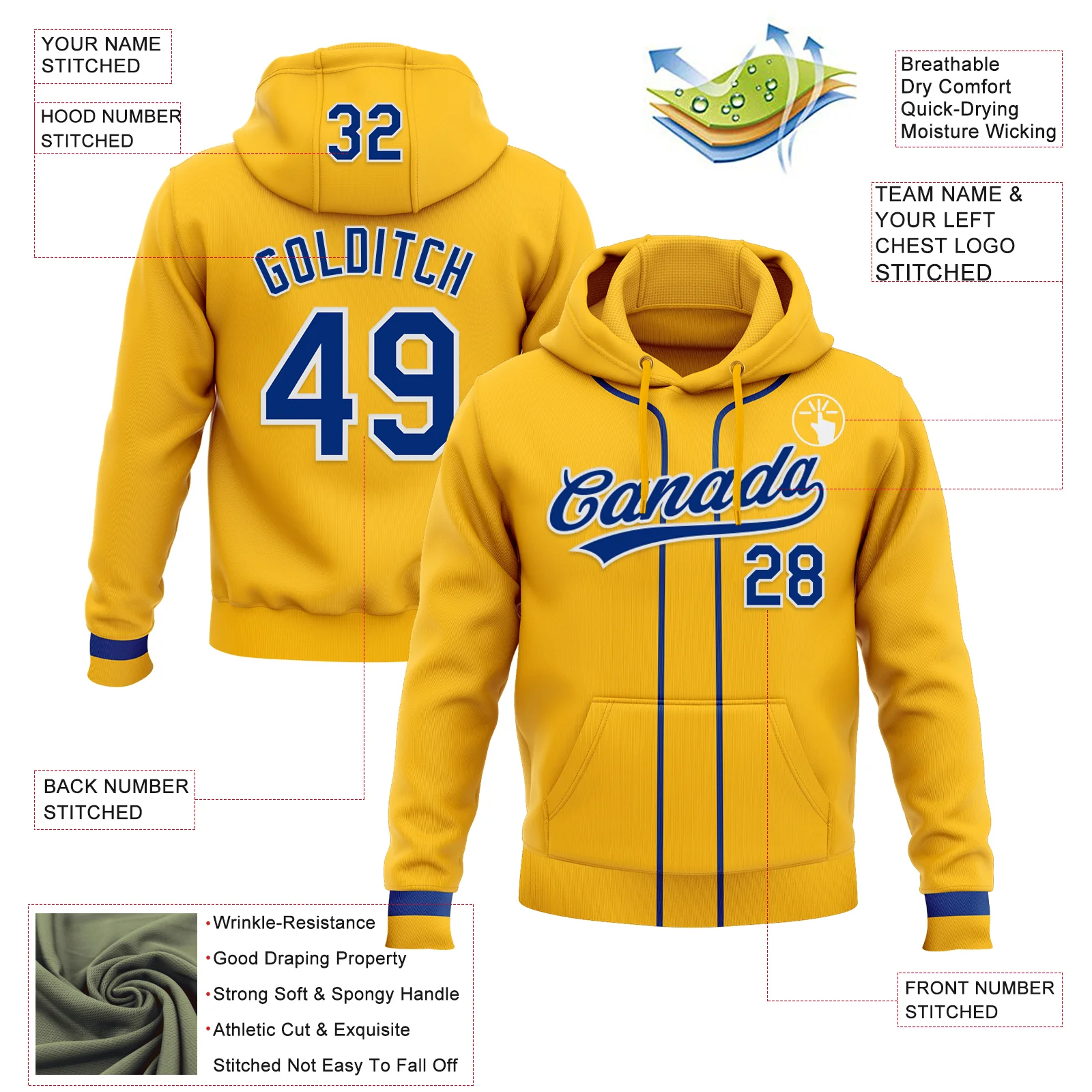 Custom Stitched Gold Royal-White Baseball Pullover Sweatshirt Hoodie