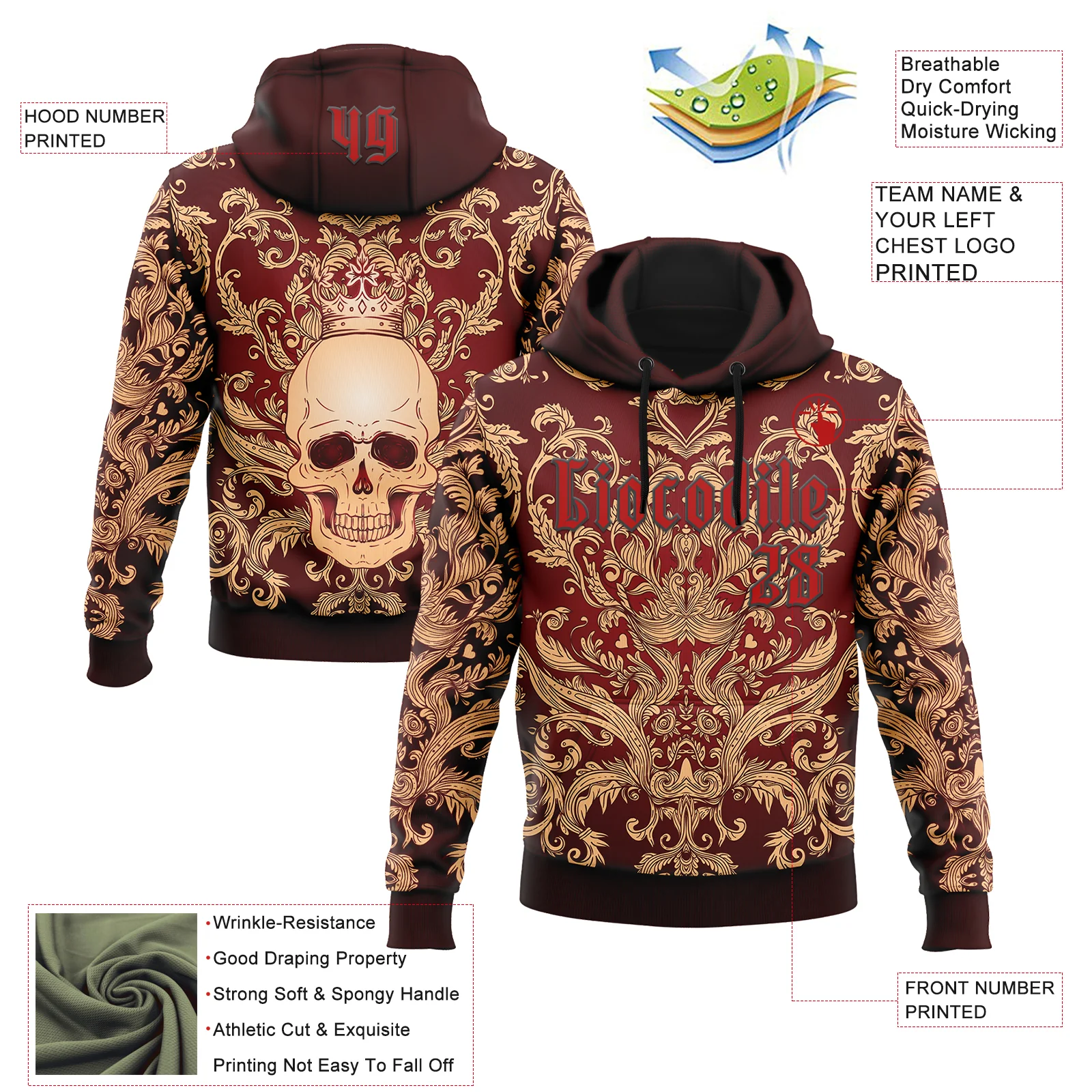 Custom Red Black 3D Skull Gothic Emperor Vintage Sports Pullover Sweatshirt Hoodie