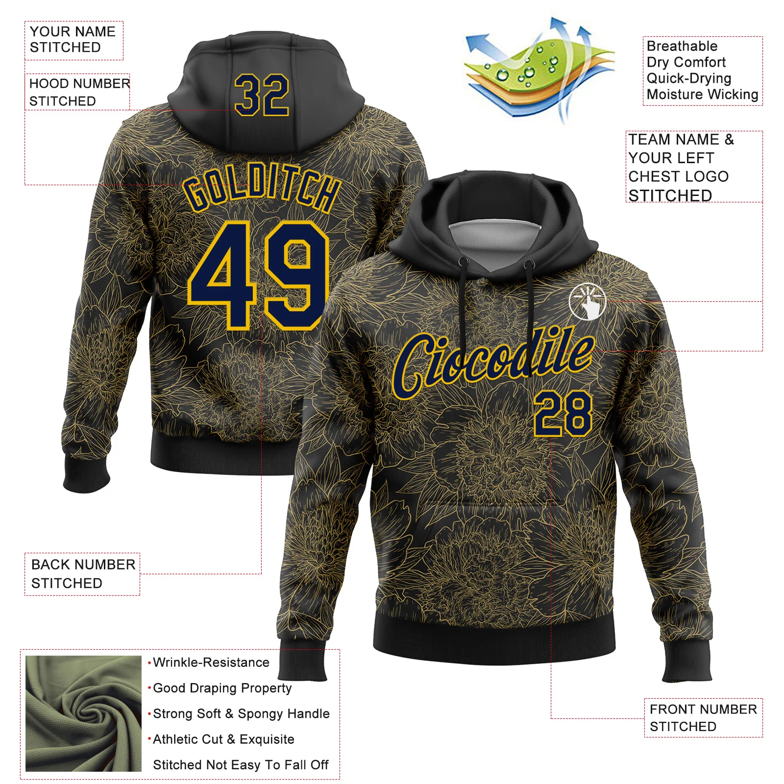 Custom Stitched Black Navy-Yellow 3D Pattern Design Golden Subtle Floral Sports Pullover Sweatshirt Hoodie