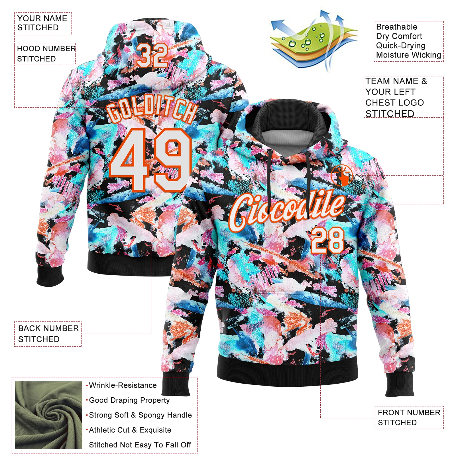 Custom Stitched Graffiti Pattern White Black-Orange 3D Watercolor Grunge Art Sports Pullover Sweatshirt Hoodie