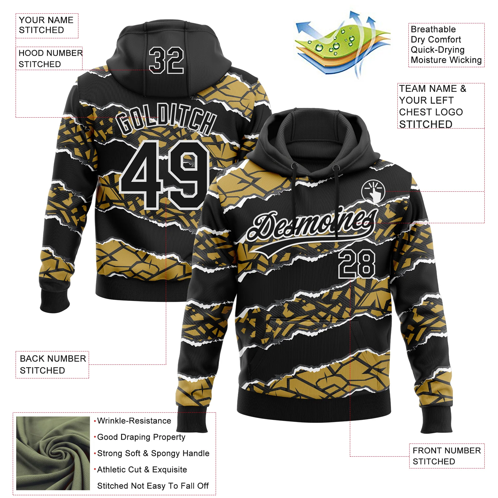 Custom Stitched Black Old Gold-White 3D Pattern Design Torn Paper Style Sports Pullover Sweatshirt Hoodie