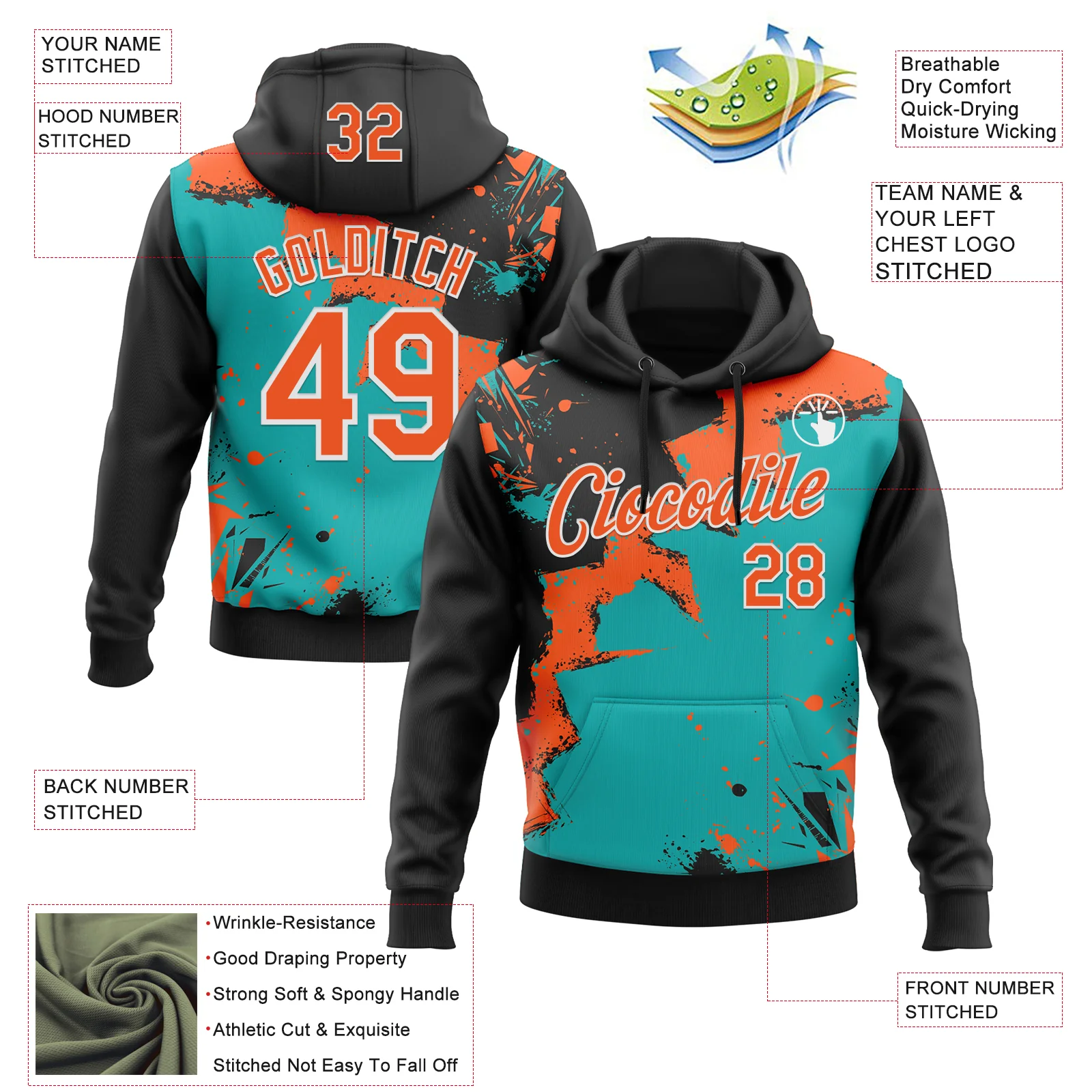 Custom Stitched Black Orange Aqua-White 3D Pattern Design Splash Torn Paper Style Sports Pullover Sweatshirt Hoodie