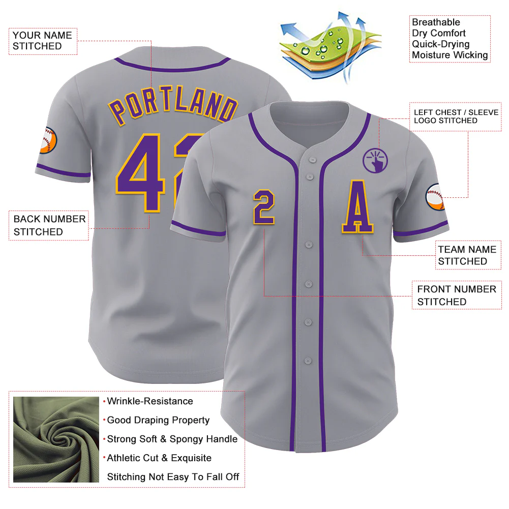 Custom Gray Purple-Gold Authentic Baseball Jersey