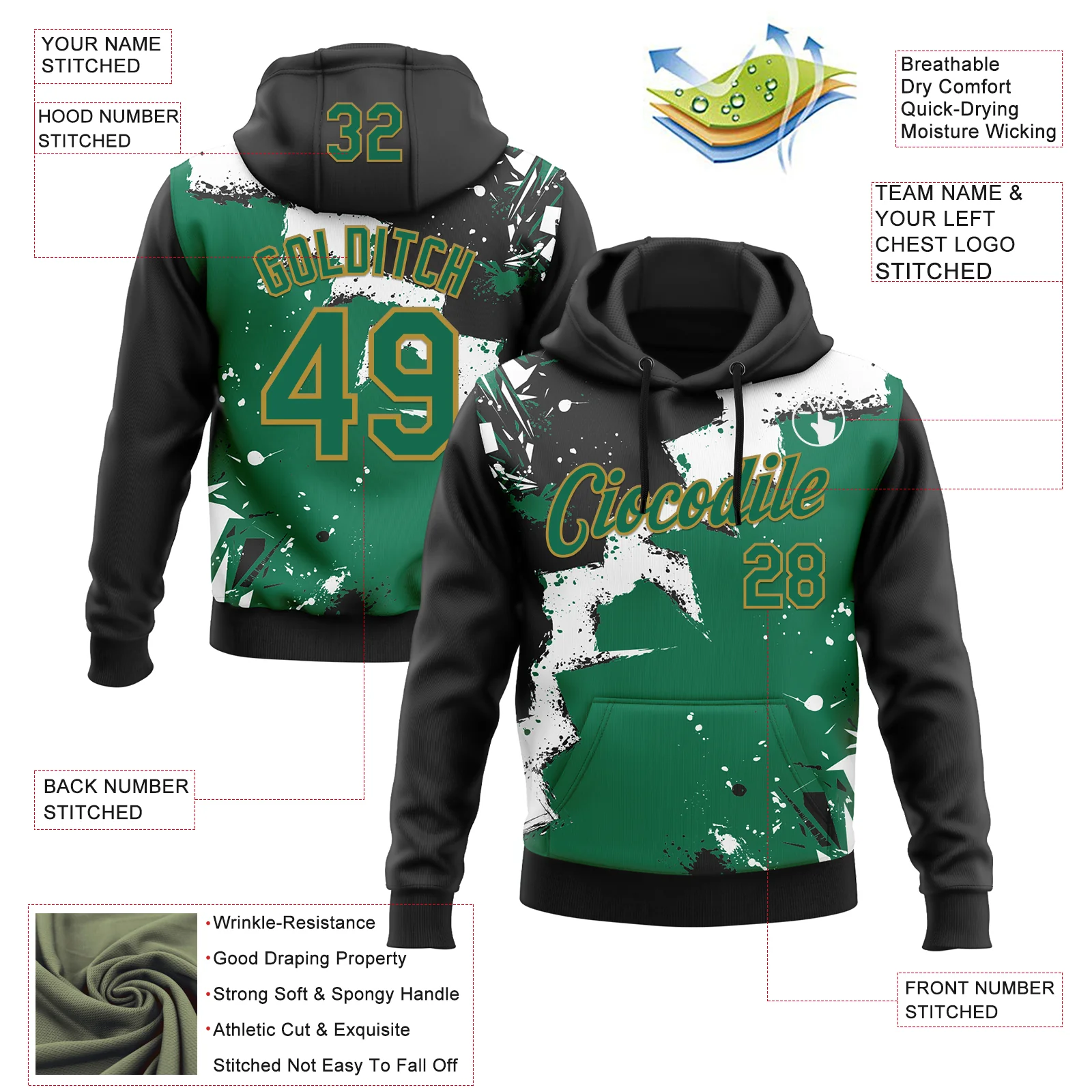 Custom Stitched Black Kelly Green Old Gold-White 3D Pattern Design Splash Torn Paper Style Sports Pullover Sweatshirt Hoodie