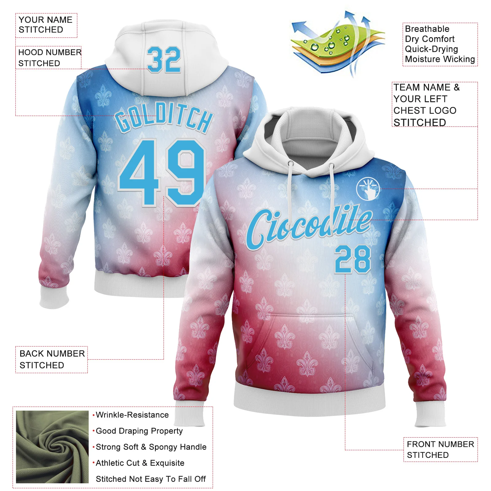 Custom Stitched White Sky Blue Red-Blue 3D Pattern Design American French Inspired Sportswear Pullover Sweatshirt Hoodie