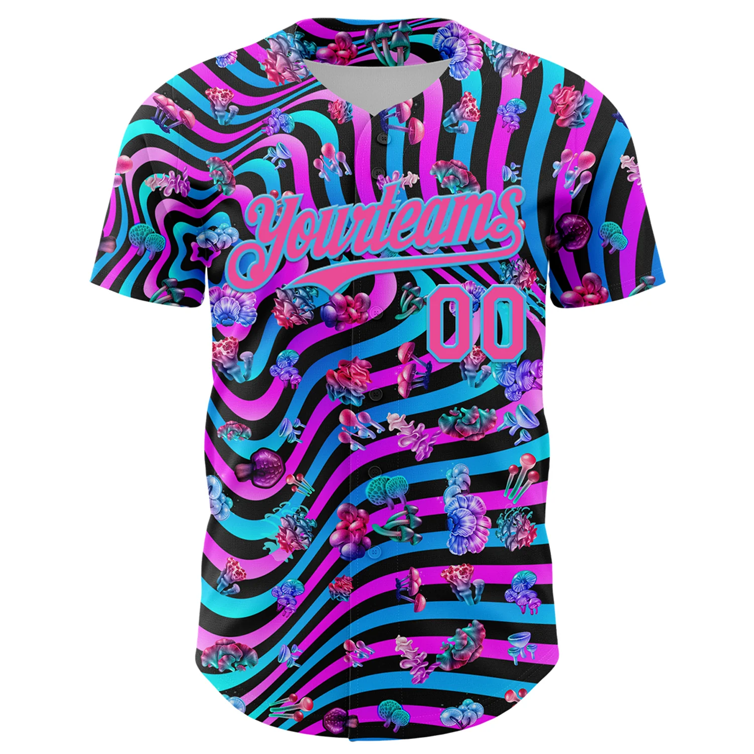 Custom Black Pink Purple-Sky Blue 3D Pattern Design Trippy Psychedelic Magic Mushrooms Authentic Baseball Jersey