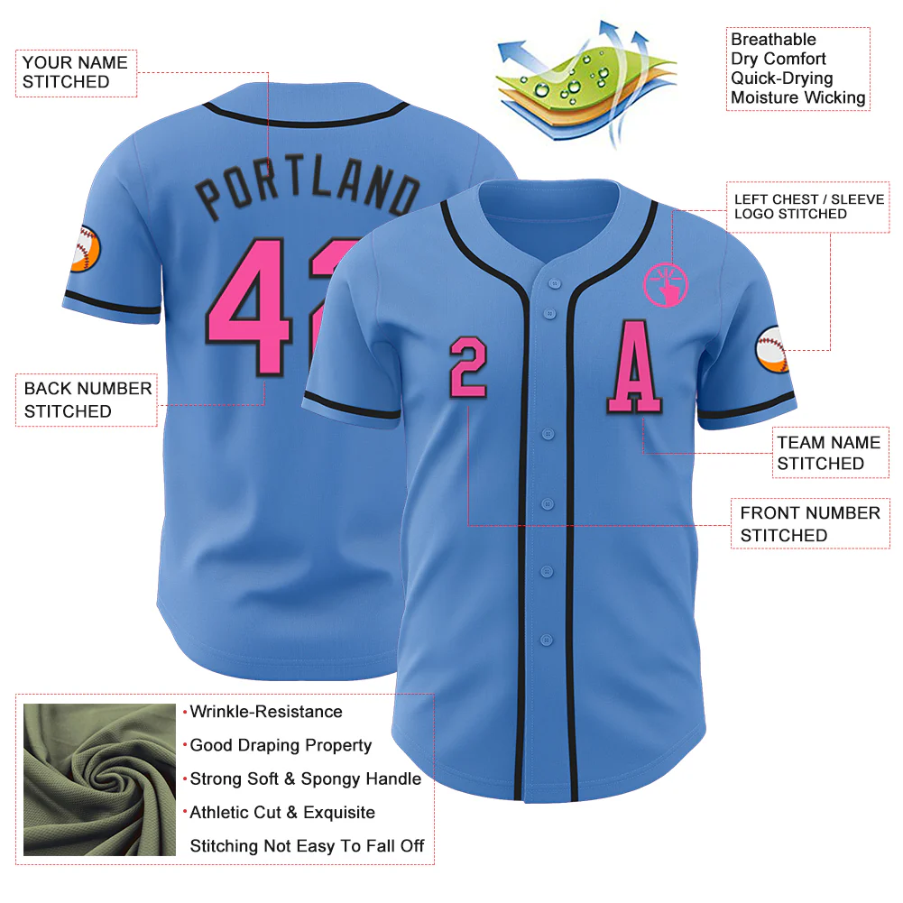 Custom Powder Blue Pink-Black Authentic Baseball Jersey