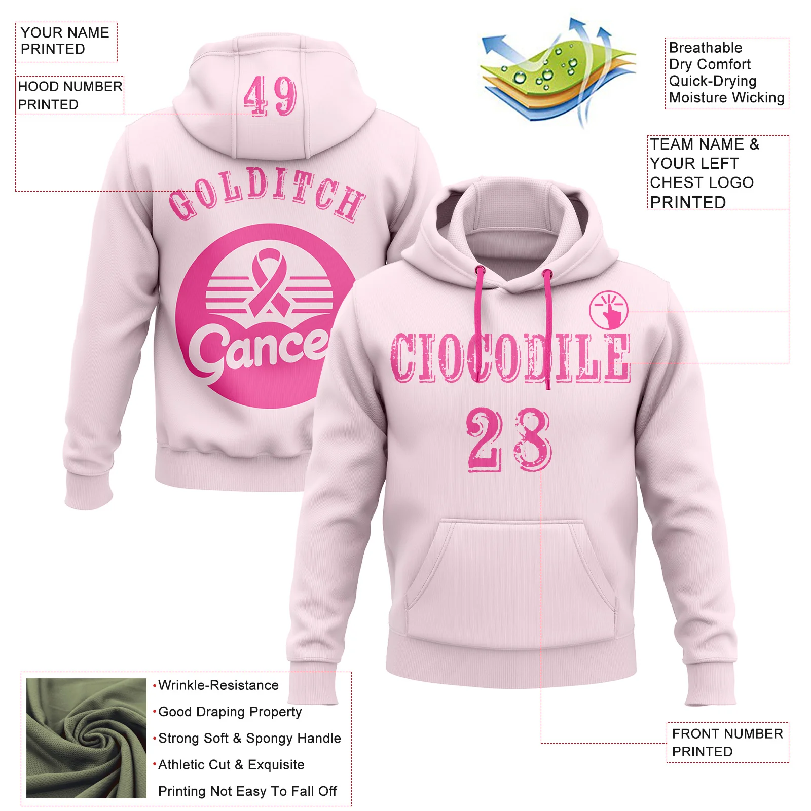 Custom Pink White 3D Pink Ribbon Breast Cancer Awareness Women Health Care Support Sports Pullover Sweatshirt Hoodie
