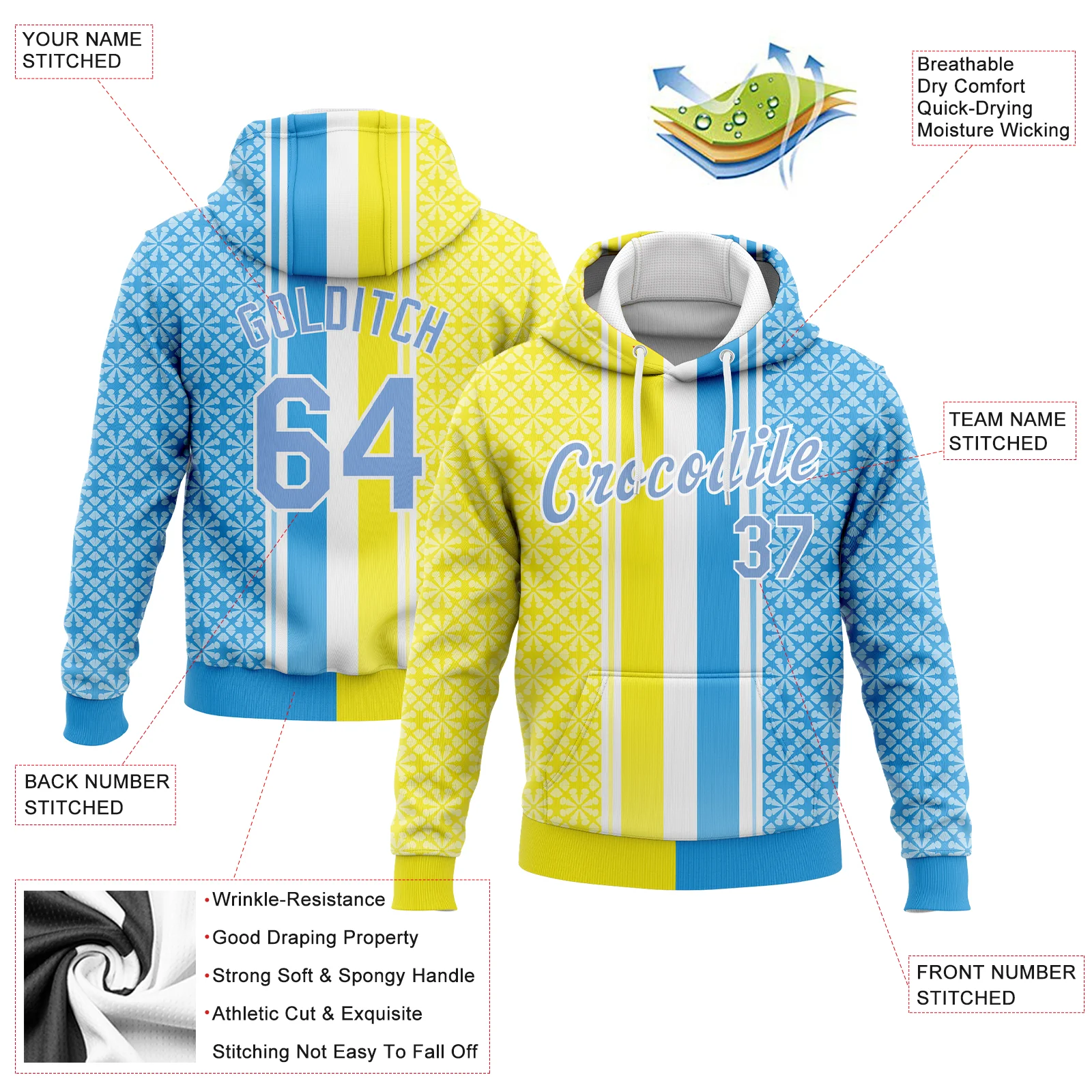 Custom Stitched Gold Light Blue-White 3D Pattern Design Sports Pullover Sweatshirt Hoodie