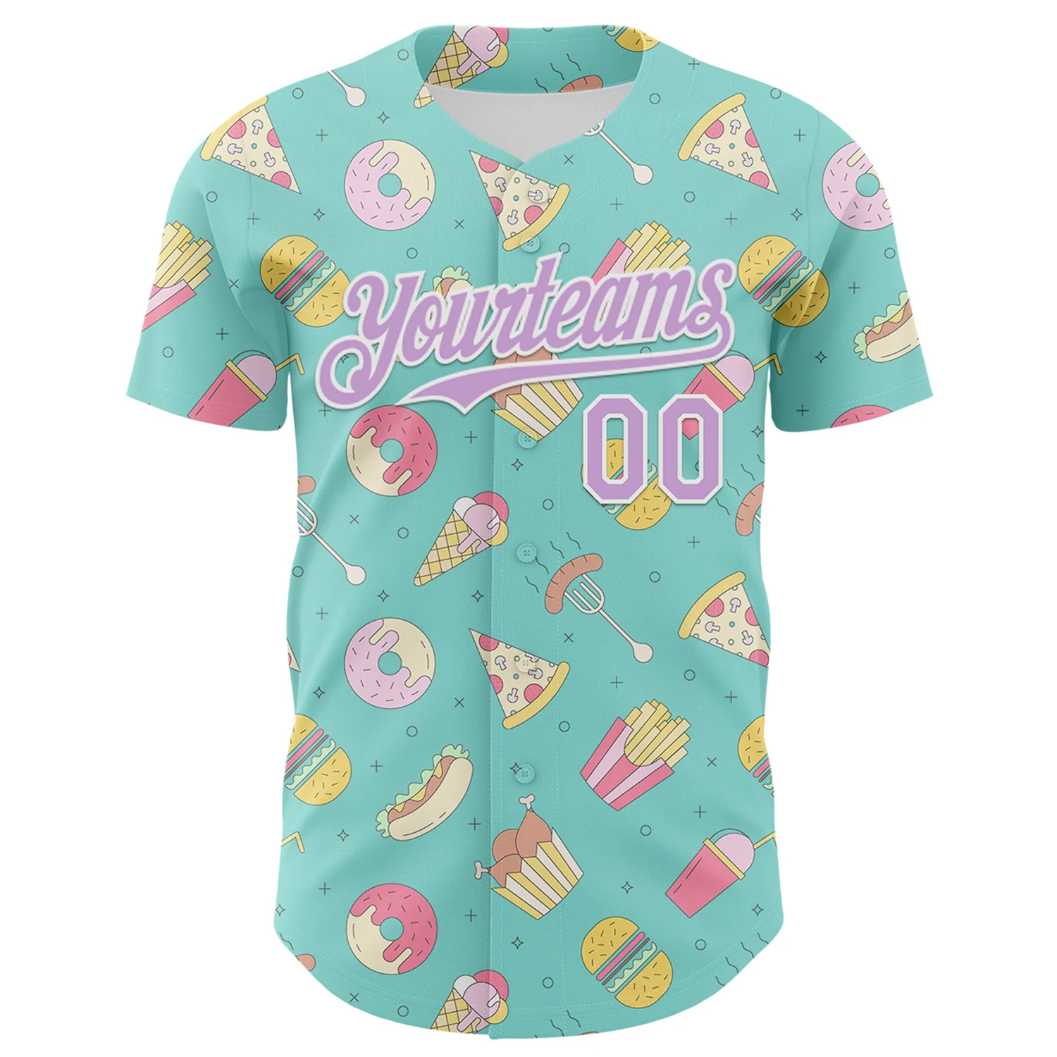 Custom Ice Blue Light Purple-White 3D Pattern Design Foodie Fast Food Burger Fries Pizza Authentic Baseball Jersey