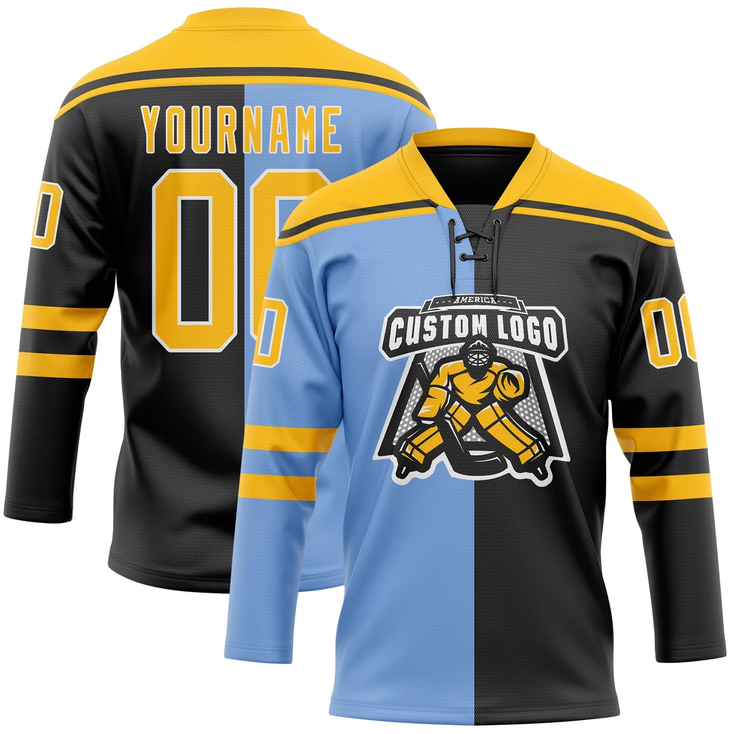 Custom Black Gold Powder Blue-White Split Fashion Hockey Lace Neck Jersey