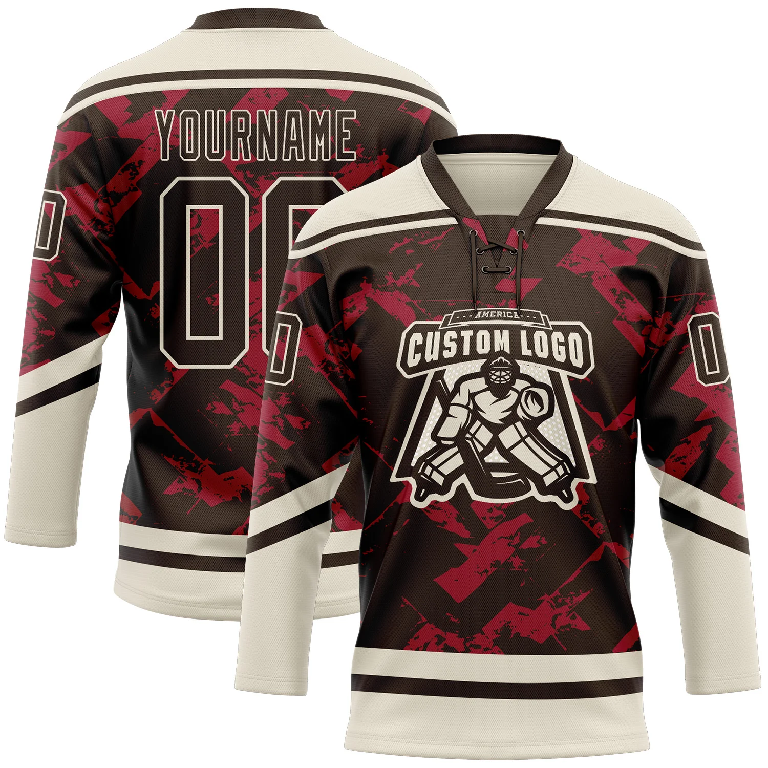 Custom Brown Red-Cream 3D Pattern Tribal Indigenous Grunge Splash Hockey Lace Neck Jersey
