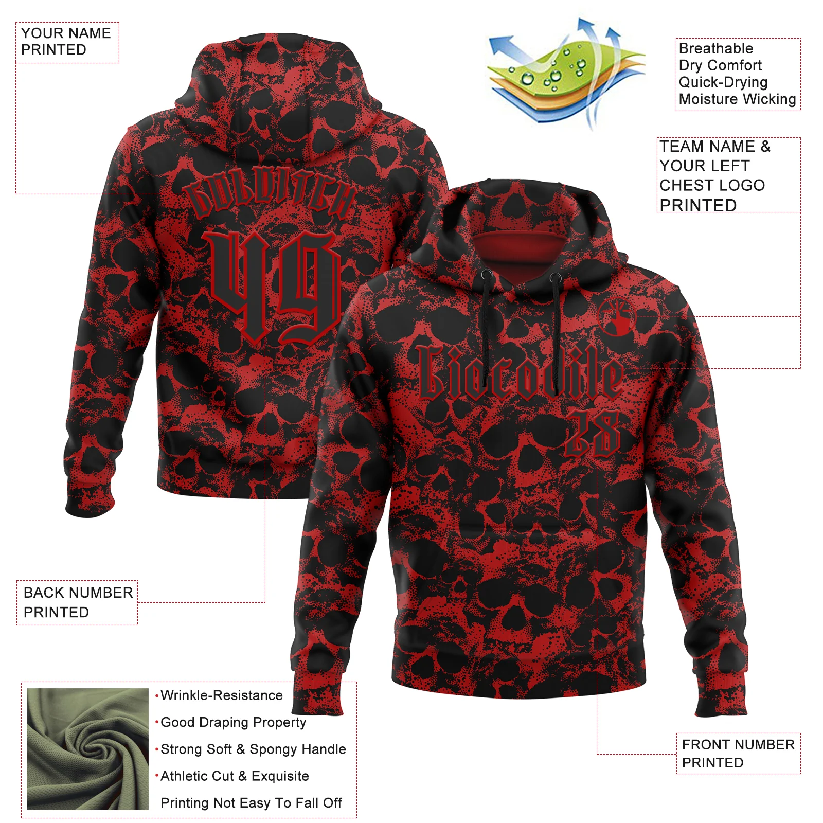 Custom Red Black 3D Skull Gothic Vintage Sports Pullover Sweatshirt Hoodie