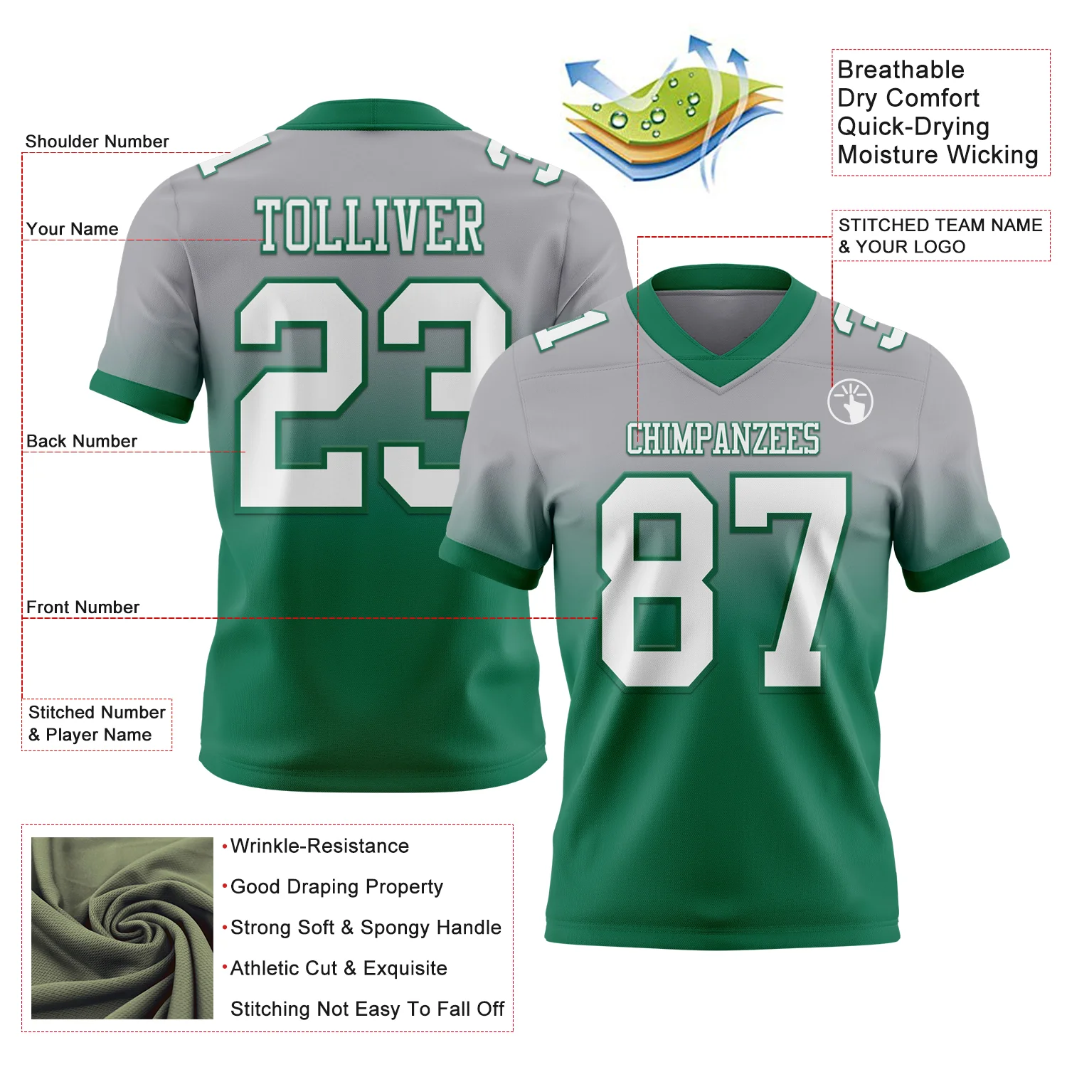 Custom Gray White-Kelly Green Authentic Fade Fashion Football Jersey