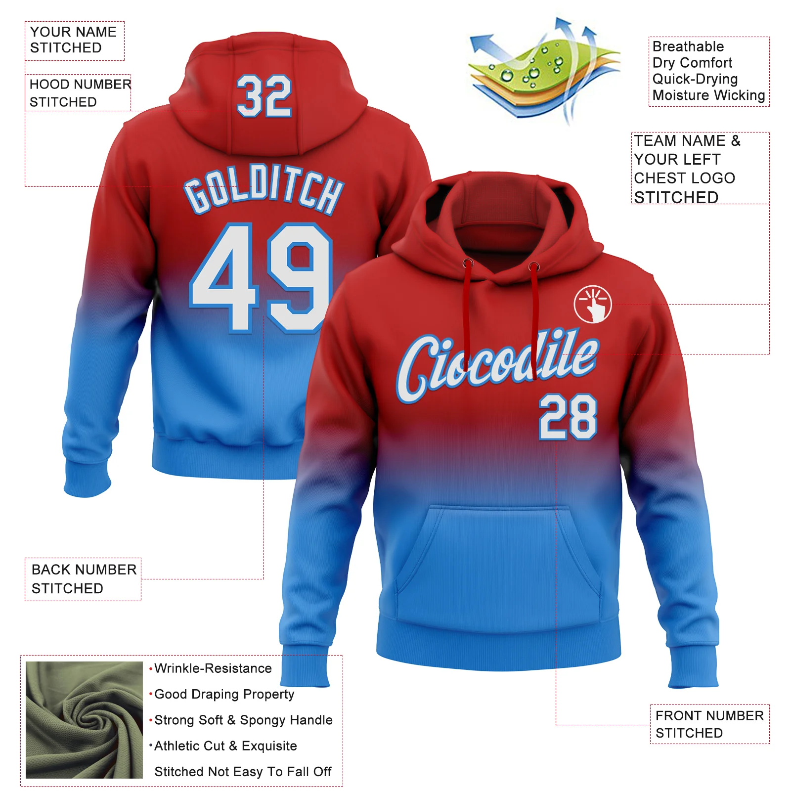 Custom Stitched Red White-Powder Blue Fade Fashion Sports Pullover Sweatshirt Hoodie