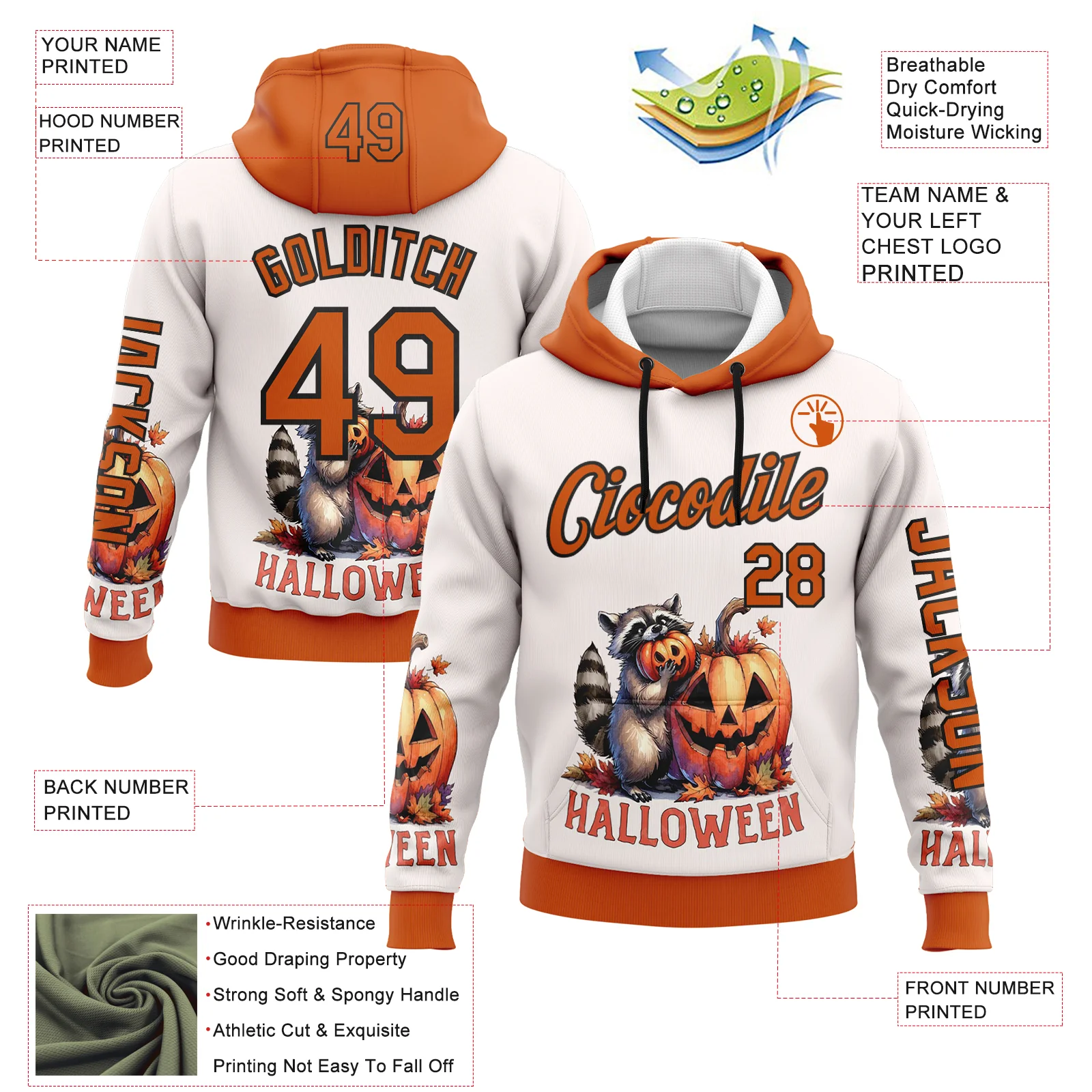 Custom White Orange-Black 3D Halloween Pumpkin Spooky Sports Pullover Sweatshirt Hoodie