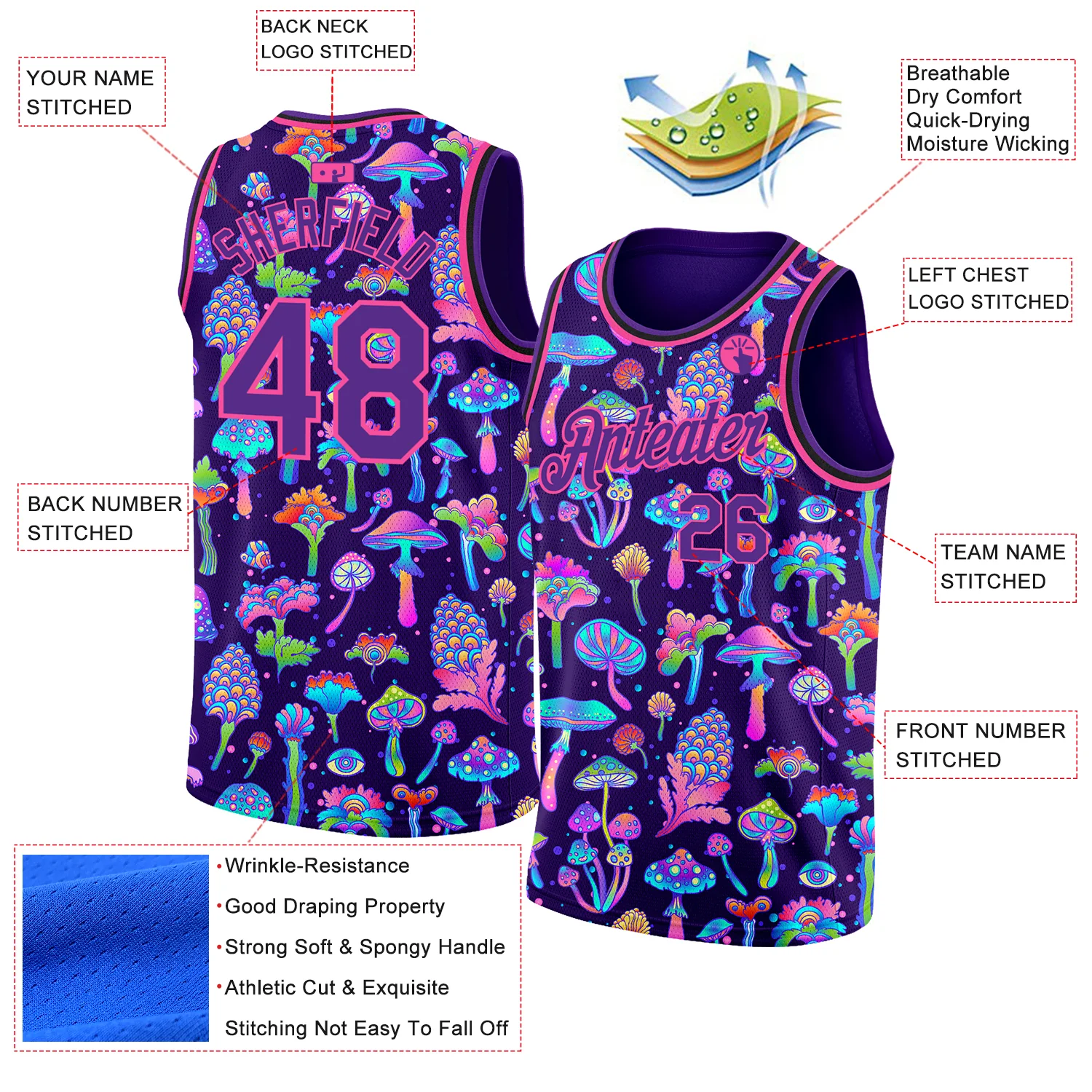 Custom Purple Pink 3D Pattern Design Flowers And Mushrooms Psychedelic Hallucination Authentic Basketball Jersey