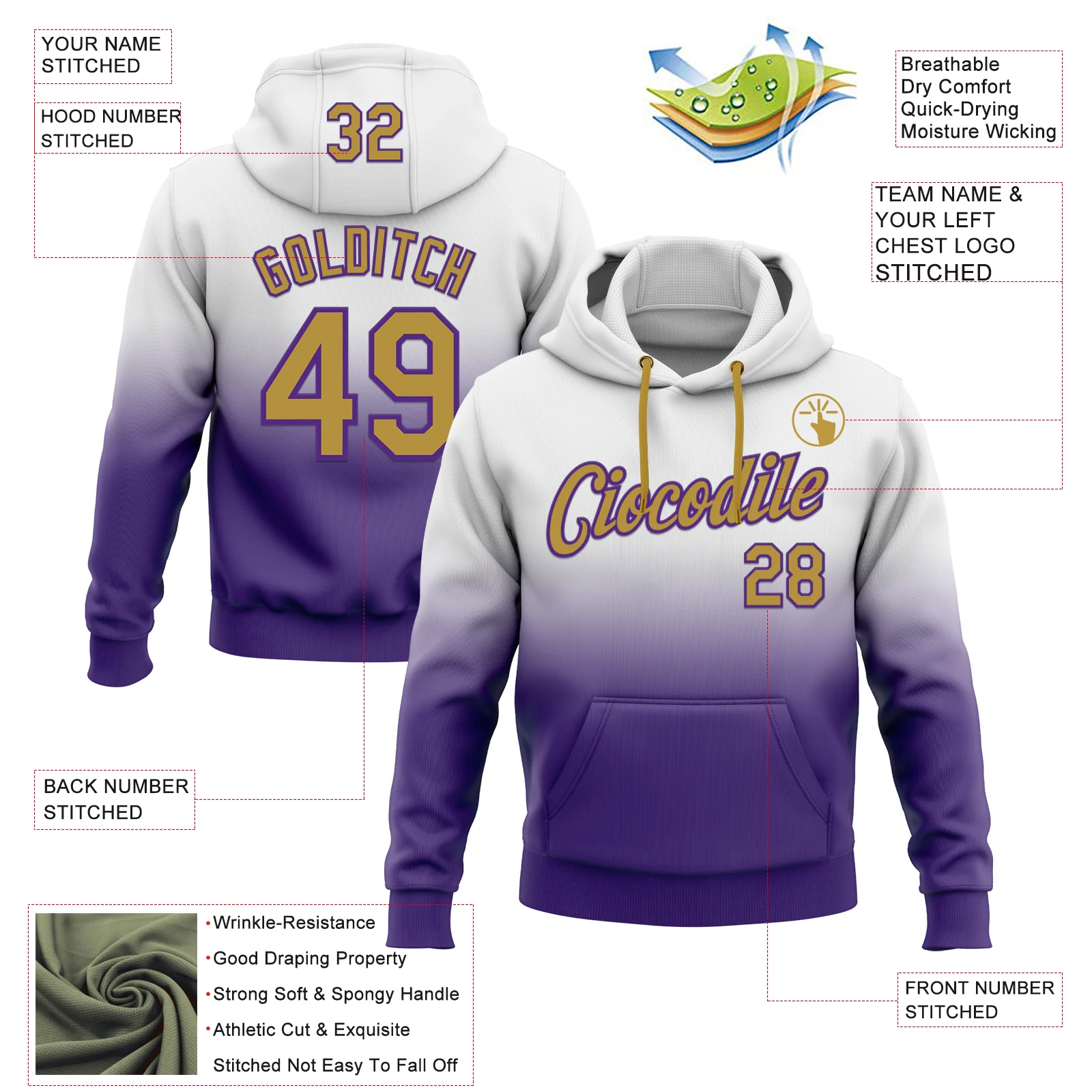 Custom Stitched White Old Gold-Purple Fade Fashion Sports Pullover Sweatshirt Hoodie