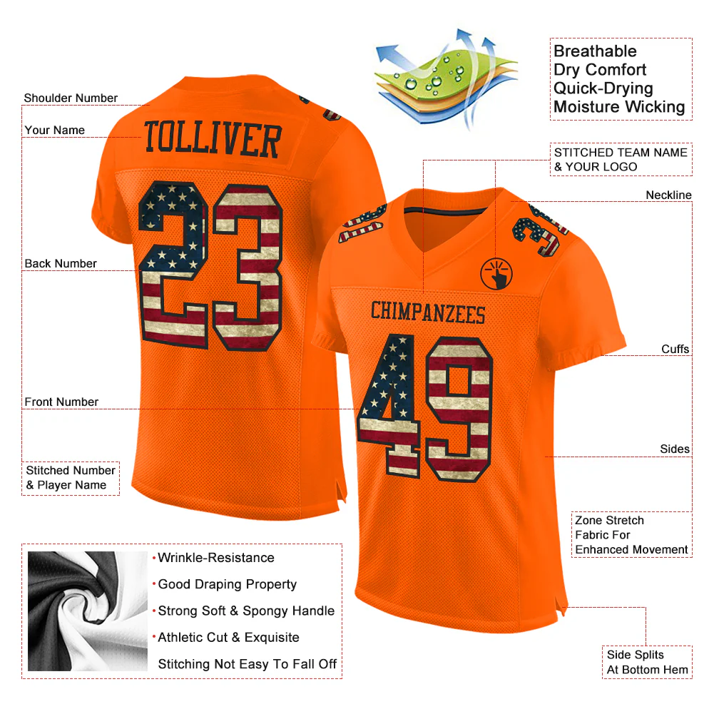 Custom Orange Vintage USA Flag-Black Mesh Authentic Football Jersey