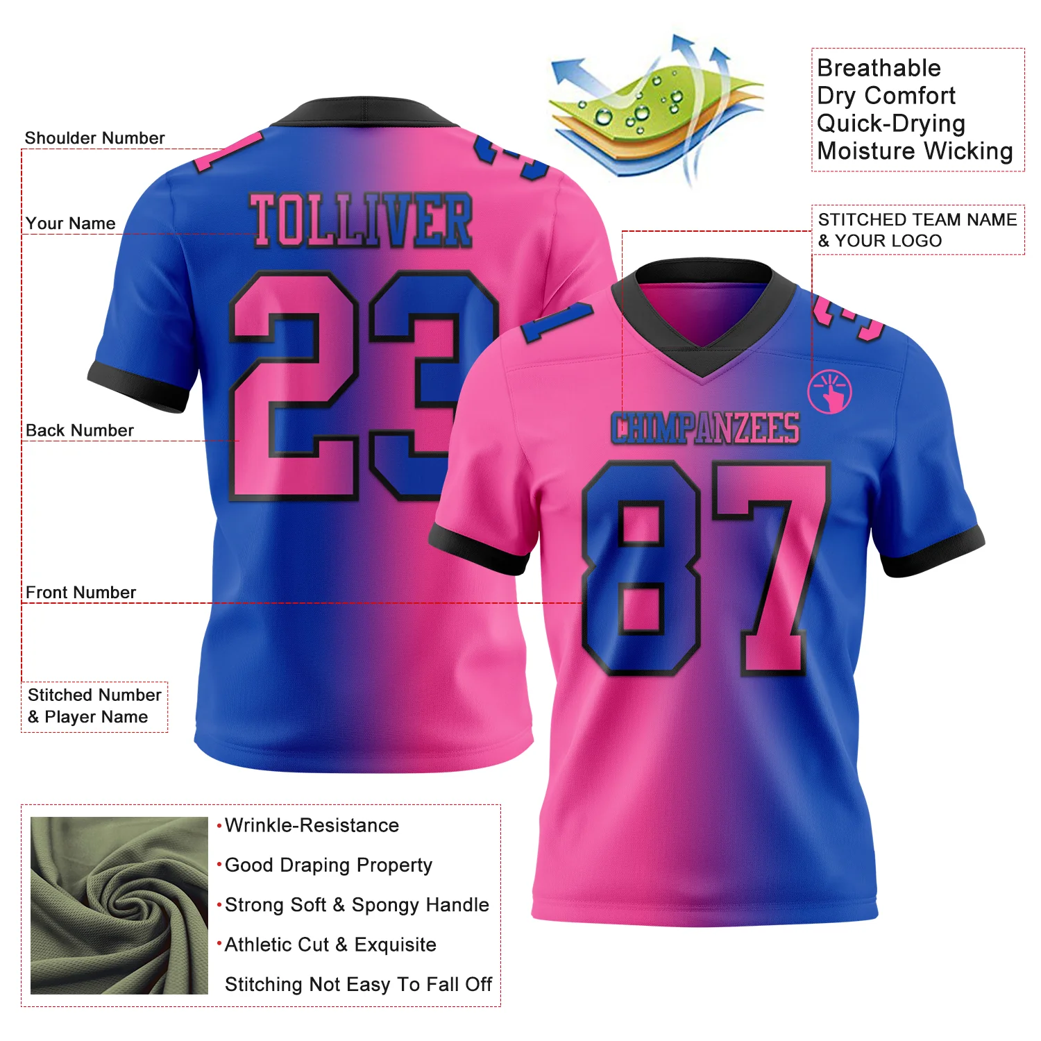Custom Thunder Blue Pink-Black Authentic Gradient Fashion Football Jersey