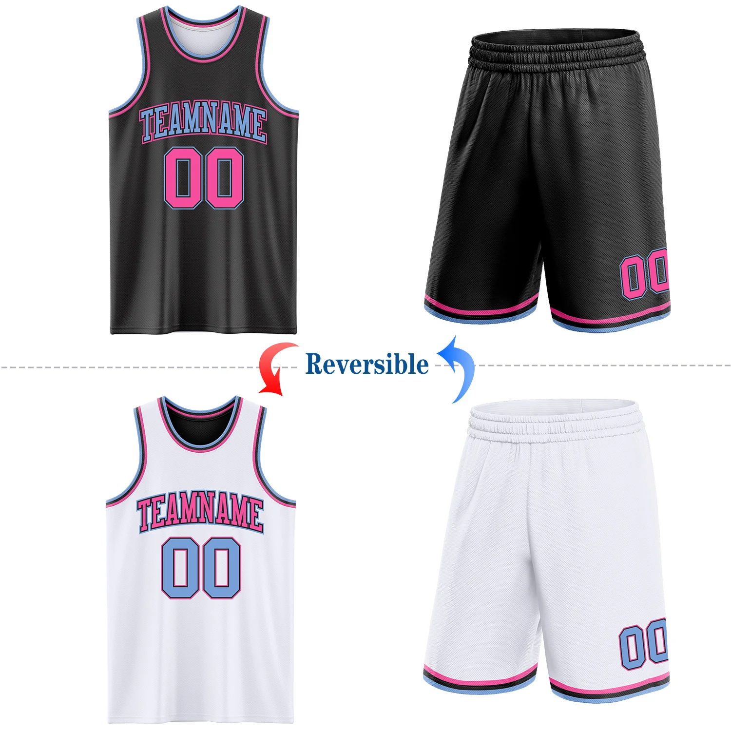 Custom Reversible Black Pink-Light Blue Double Side Sublimation Basketball Suit Jersey