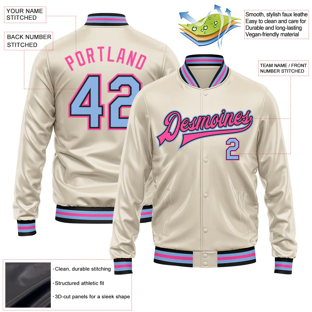 Custom Cream Light Blue Pink-Black Bomber Full-Snap Varsity Faux Leather Letterman Jacket