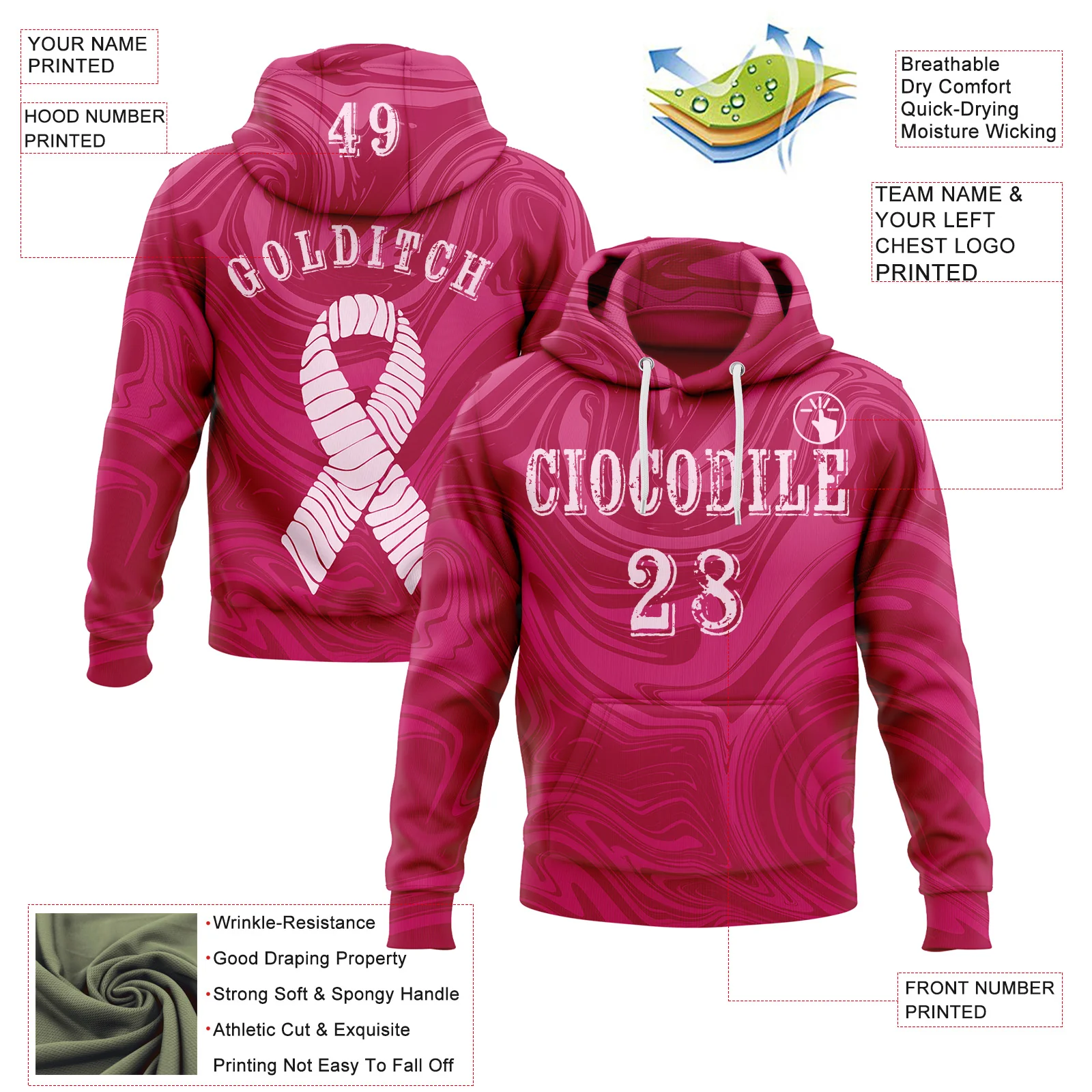 Custom Hot Pink Light Pink 3D Pink Ribbon Breast Cancer Awareness Women Health Care Support Sports Pullover Sweatshirt Hoodie