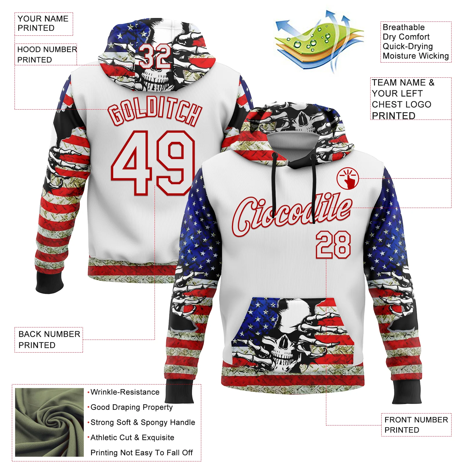Custom White Red 3D Skull American Flag Grunge Art Sports Pullover Sweatshirt Hoodie