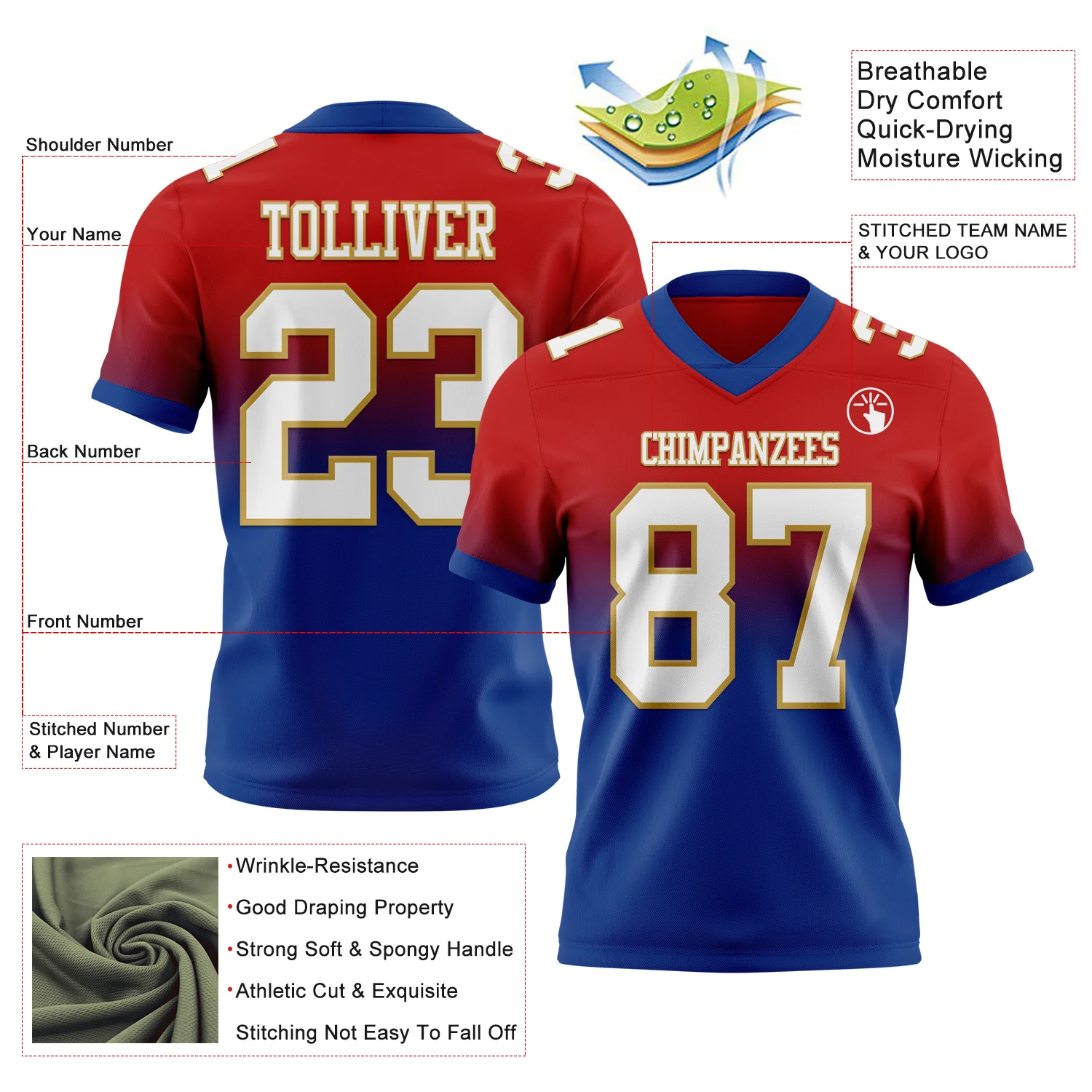 Custom Red White Royal-Old Gold Authentic Fade Fashion Football Jersey
