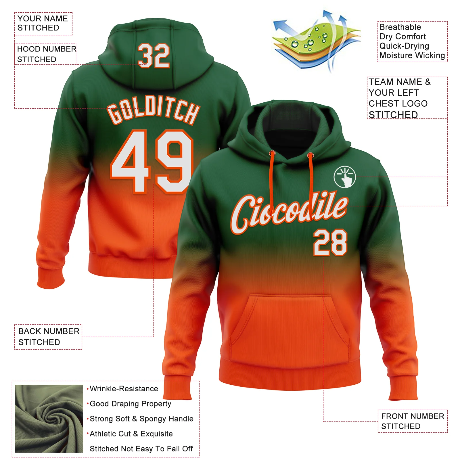 Custom Stitched Green White-Orange Fade Fashion Sports Pullover Sweatshirt Hoodie