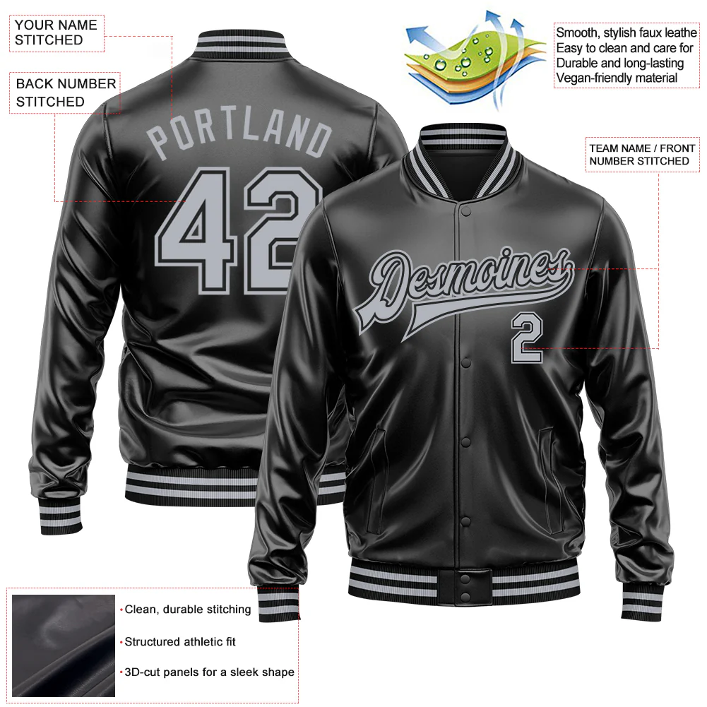 Custom Black Gray-Black Bomber Full-Snap Varsity Faux Leather Letterman Jacket