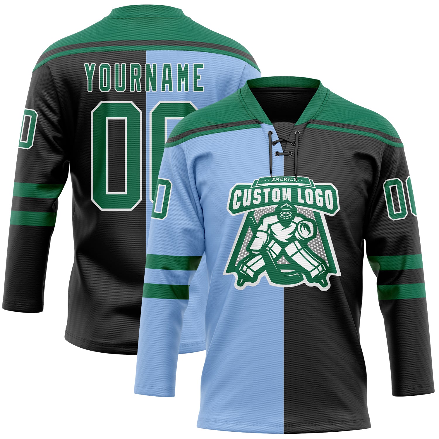 Custom Black Kelly Green Light Blue-White Red-Royal Split Fashion Hockey Lace Neck Jersey
