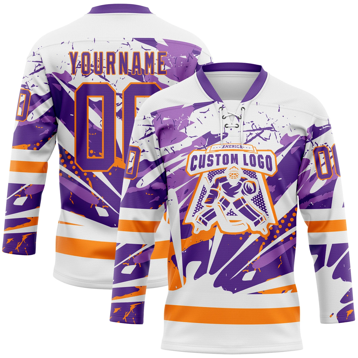 Custom White Purple-Bay Orange 3D Pattern Abstract Splatter Paint Hockey Lace Neck Jersey