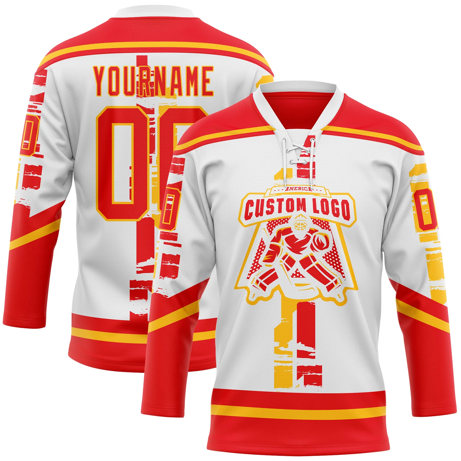 Custom White Fire Red-Gold 3D Pattern Abstract Calgary Inspired Grunge Stripe Hockey Lace Neck Jersey