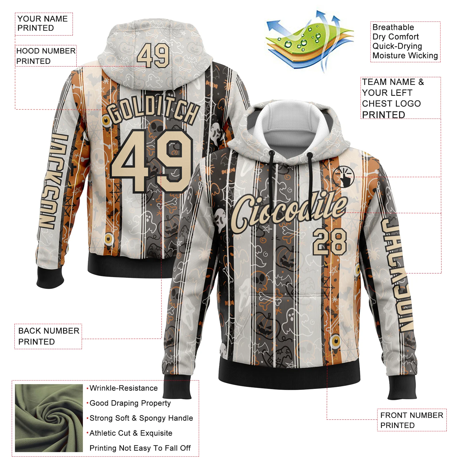 Custom White City Cream Black-Orange 3D Halloween Pumpkin Spooky Stripe Sports Pullover Sweatshirt Hoodie