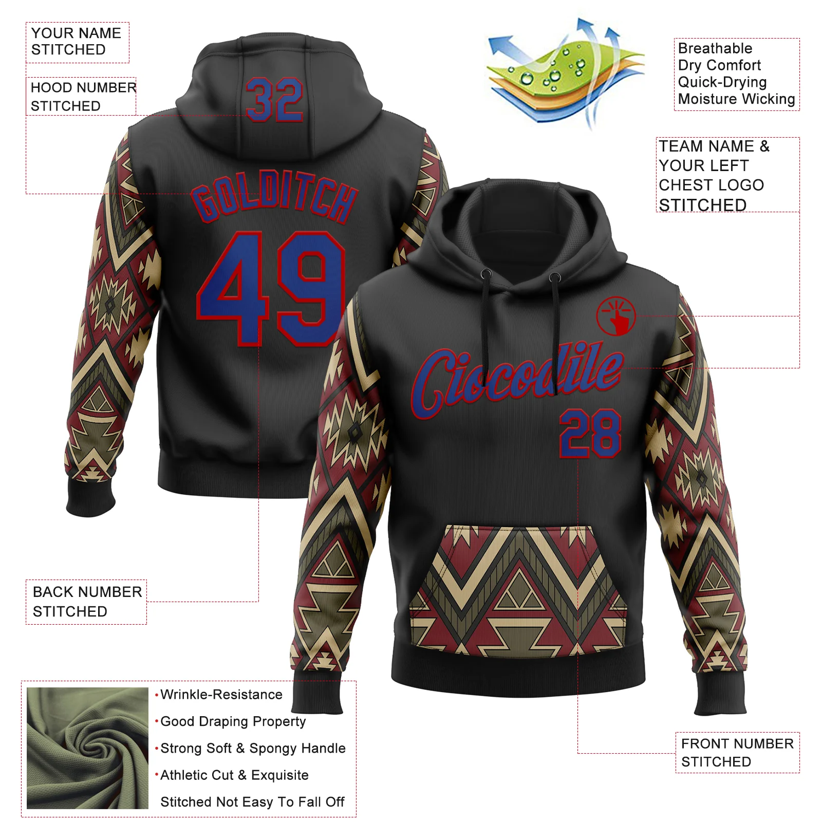 Custom Stitched Black Royal Cream Gray-Red 3D Mexico Aztec Pattern Sports Pullover Sweatshirt Hoodie