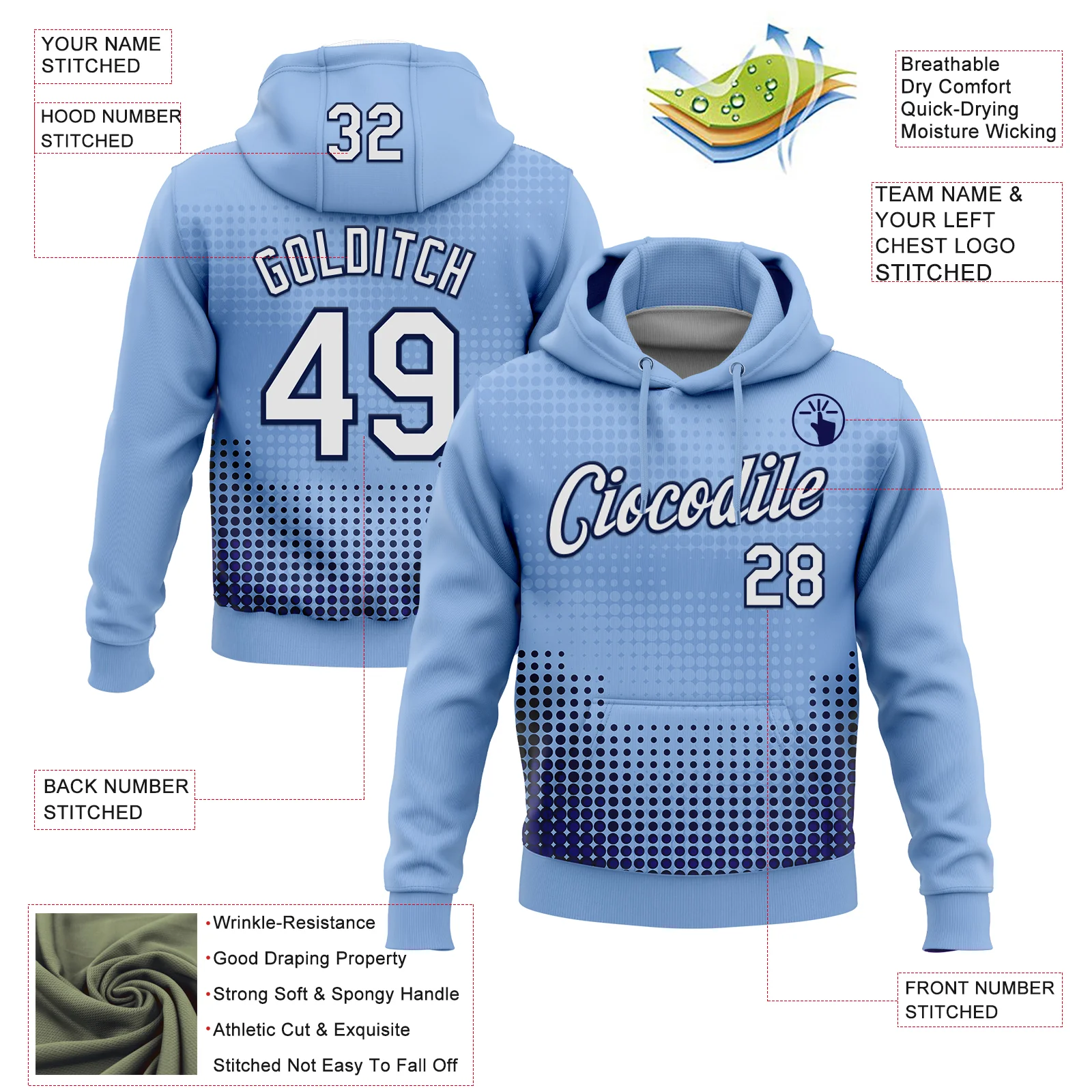 Custom Stitched Light Blue White Navy-Black 3D Pattern Design Modern Polka Dot Sports Pullover Sweatshirt Hoodie