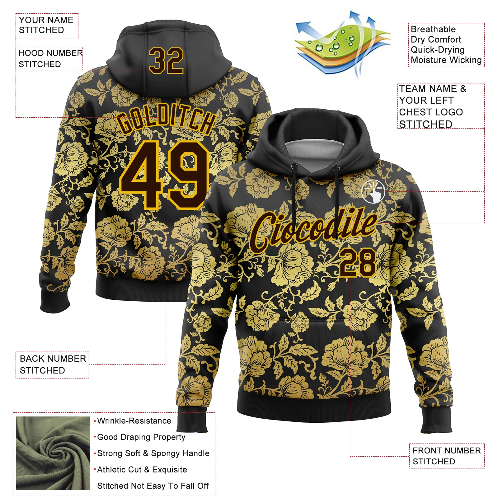 Custom Stitched Black Brown-Yellow 3D Pattern Design Golden Subtle Floral Sports Pullover Sweatshirt Hoodie
