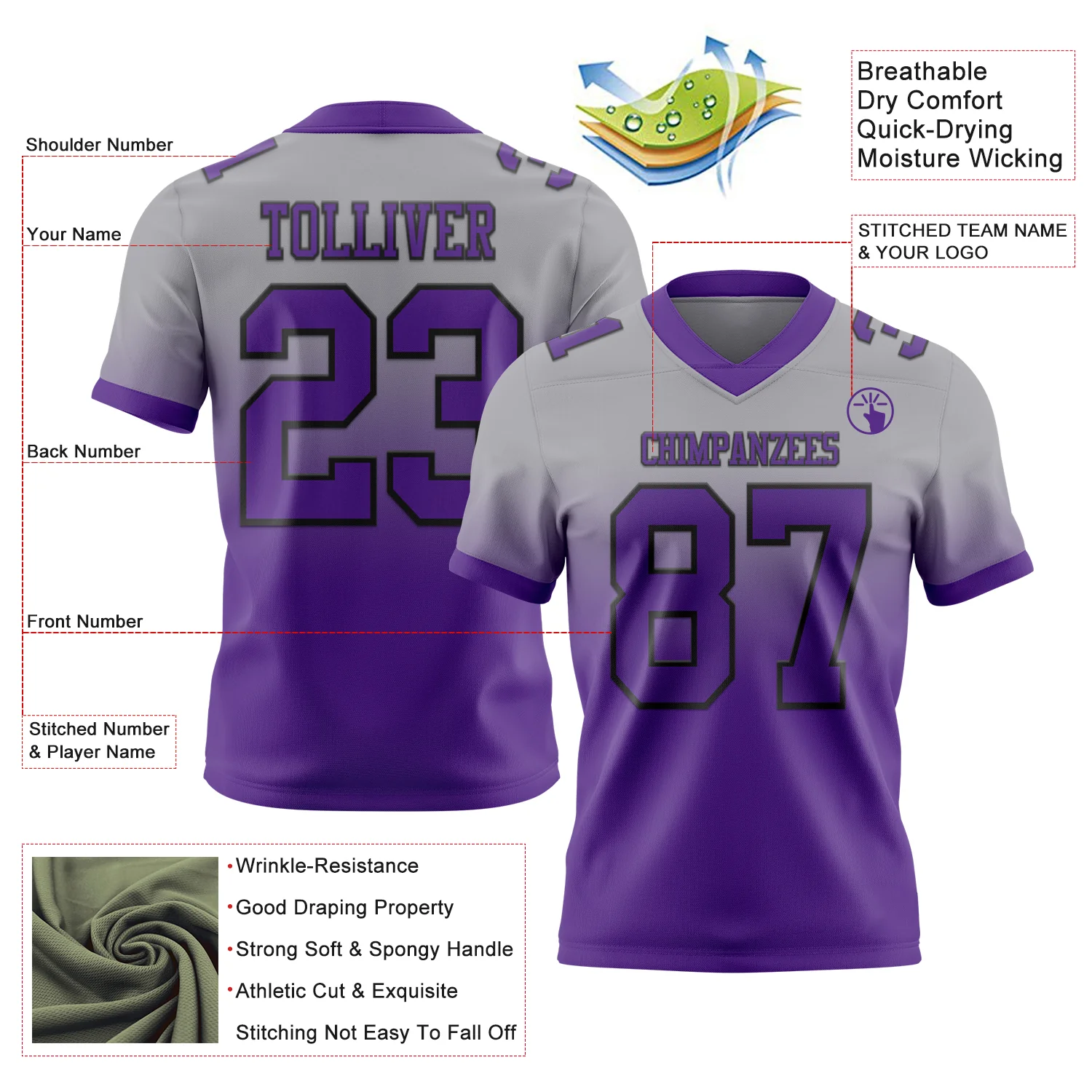 Custom Gray Purple-Black Authentic Fade Fashion Football Jersey