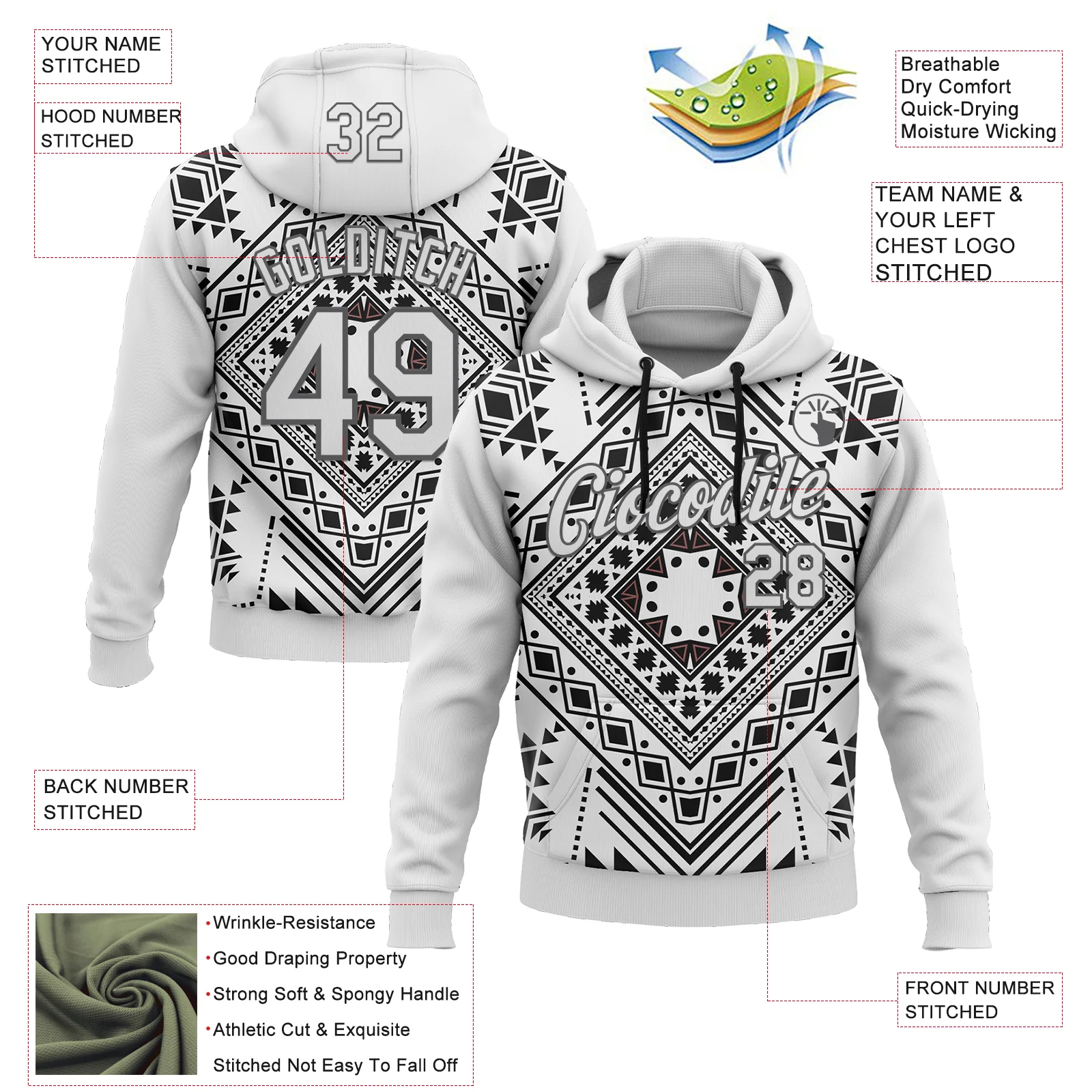 Custom Stitched White Steel Gray 3D Pattern Design Tribal Ethnic Native American Sports Pullover Sweatshirt Hoodie