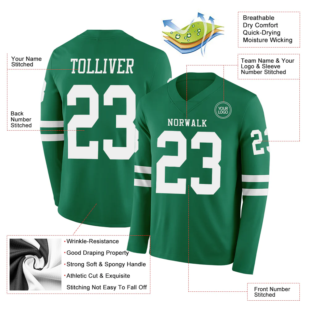 Custom Kelly Green White Long Sleeve Authentic Football Jersey