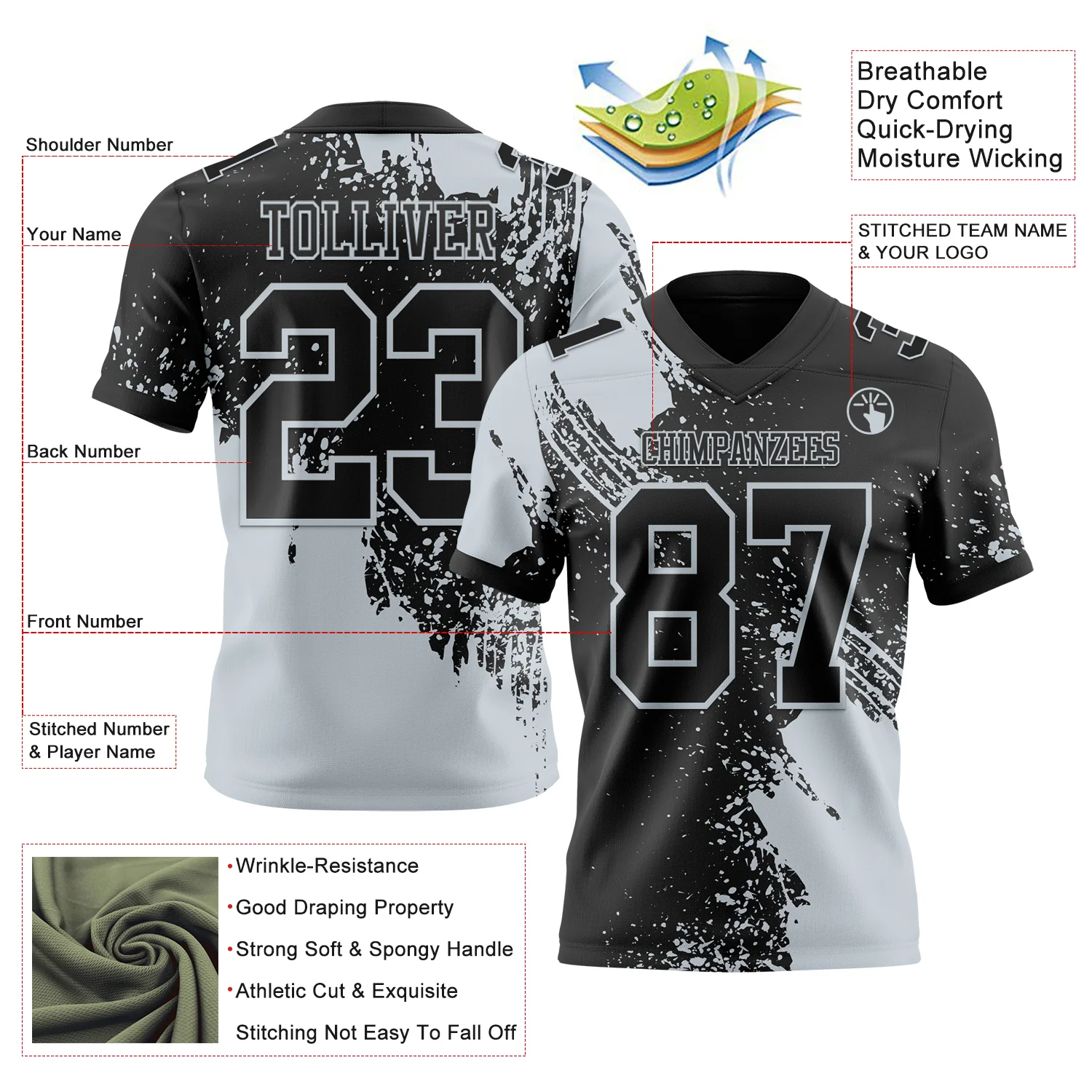 Custom Black Silver 3D Pattern Abstract Brush Stroke Authentic Football Jersey