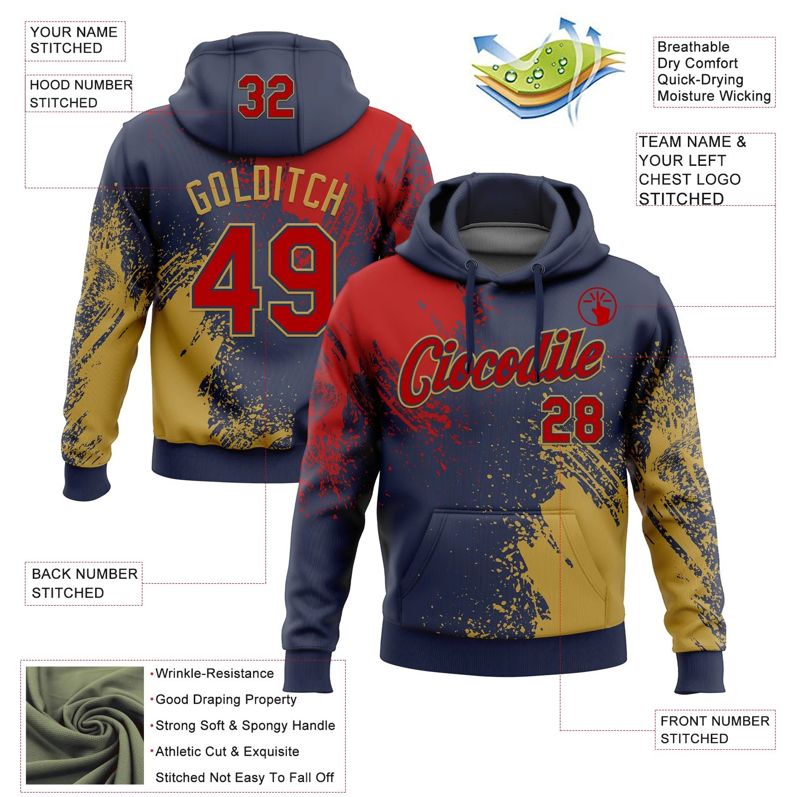 Custom Stitched Navy Red-Old Gold 3D Pattern Design Abstract Brush Stroke Sports Pullover Sweatshirt Hoodie