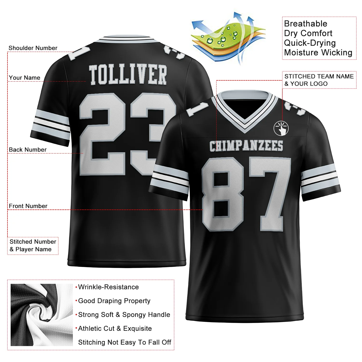 Custom Black White-Silver Authentic Football Jersey