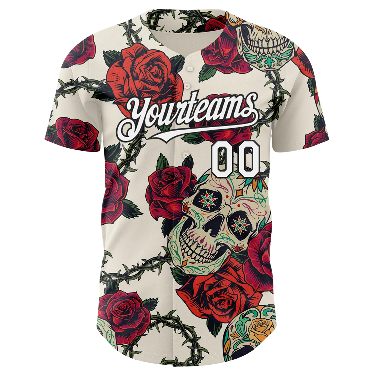 Custom Cream White-Black 3D Mexican Skull And Flower Authentic Baseball Jersey