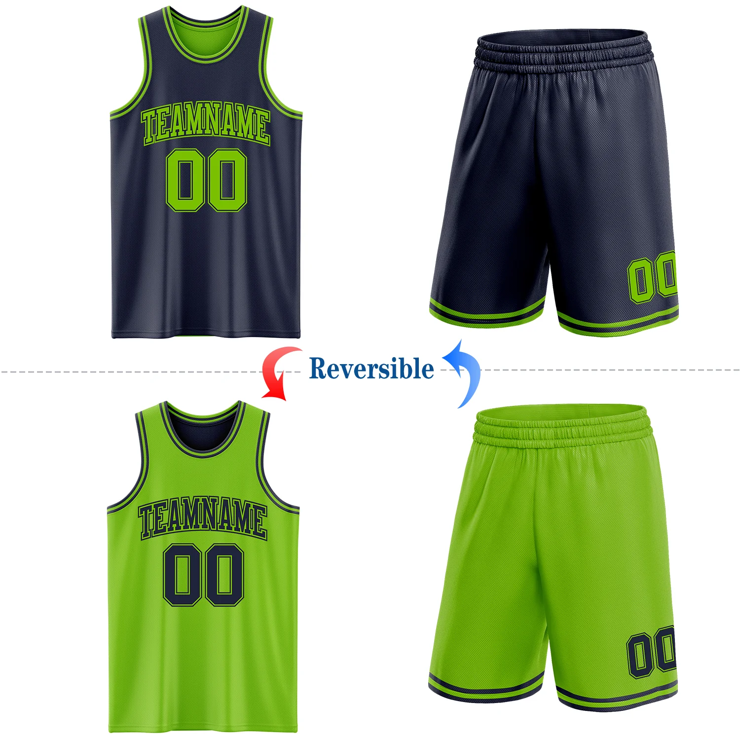Custom Navy Neon Green Reversible Double Side Sublimation Basketball Suit Jersey