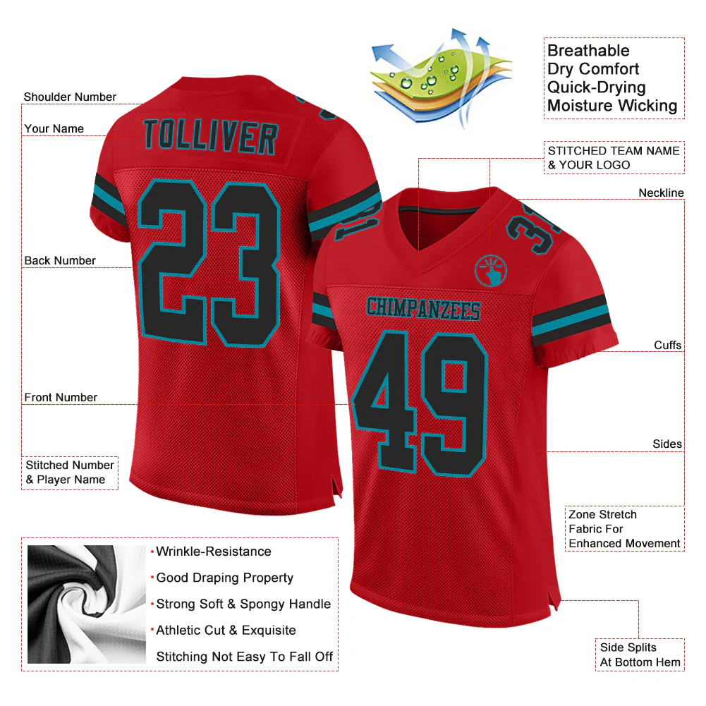 Custom Red Black-Teal Mesh Authentic Football Jersey