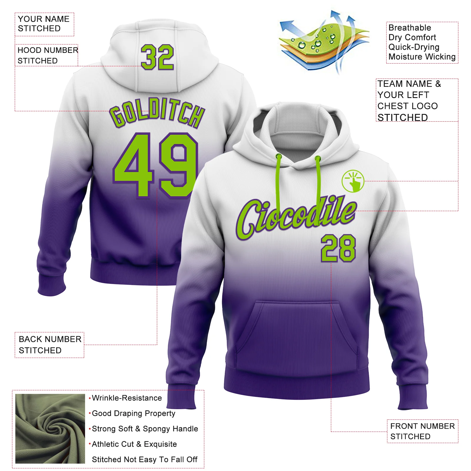 Custom Stitched White Neon Green-Purple Fade Fashion Sports Pullover Sweatshirt Hoodie