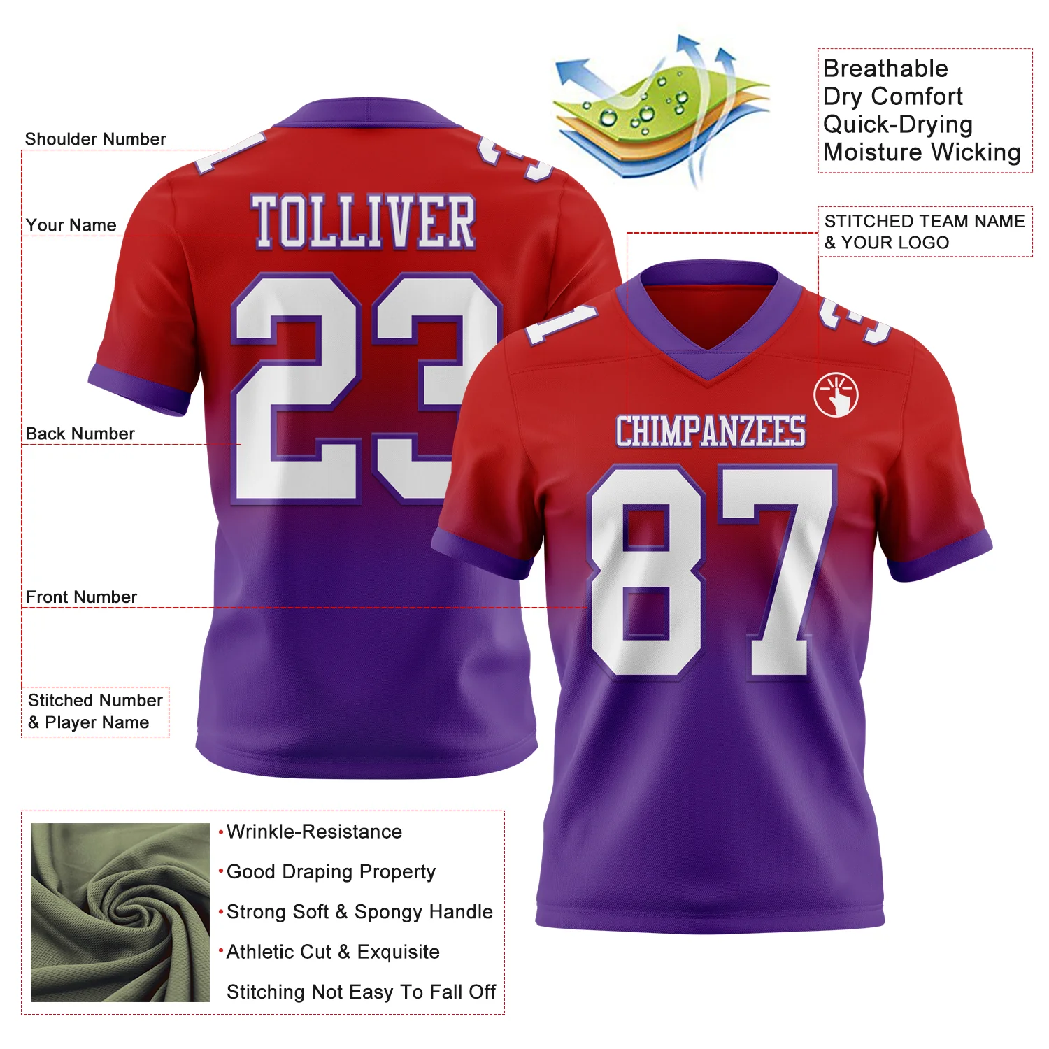 Custom Red White-Purple Authentic Fade Fashion Football Jersey