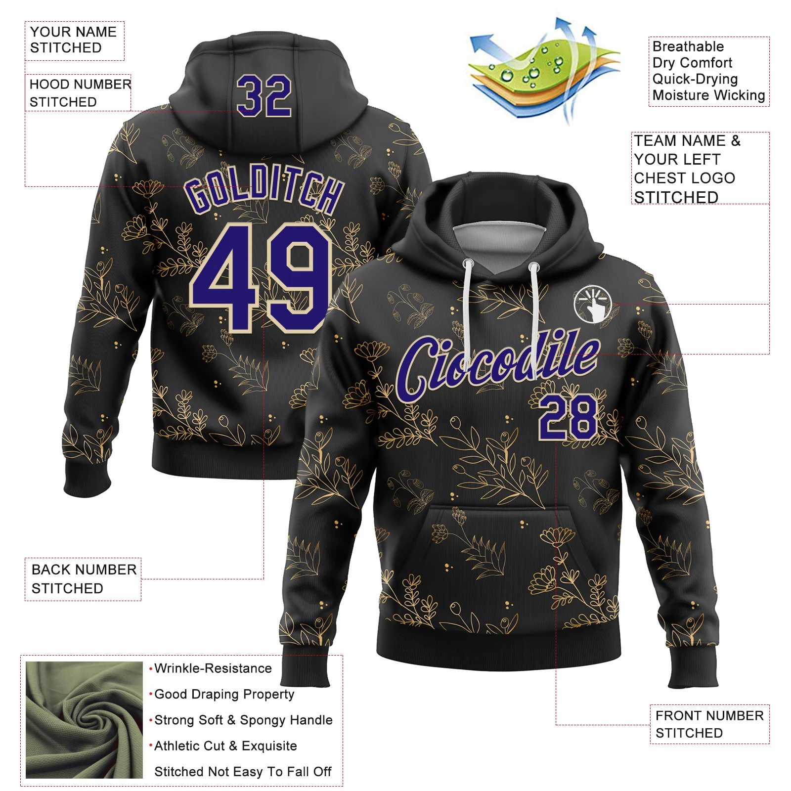 Custom Stitched Black Dark Purple-Cream 3D Pattern Design Golden Subtle Floral Sports Pullover Sweatshirt Hoodie